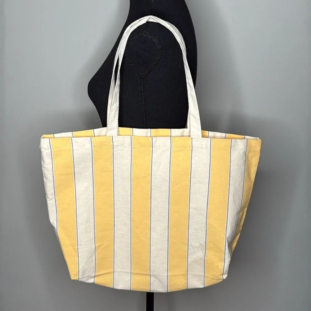 Sezane Bonjour Austin Yellow & Ecru Striped Cotton Tote Bag NEW - Picture 4 of 4